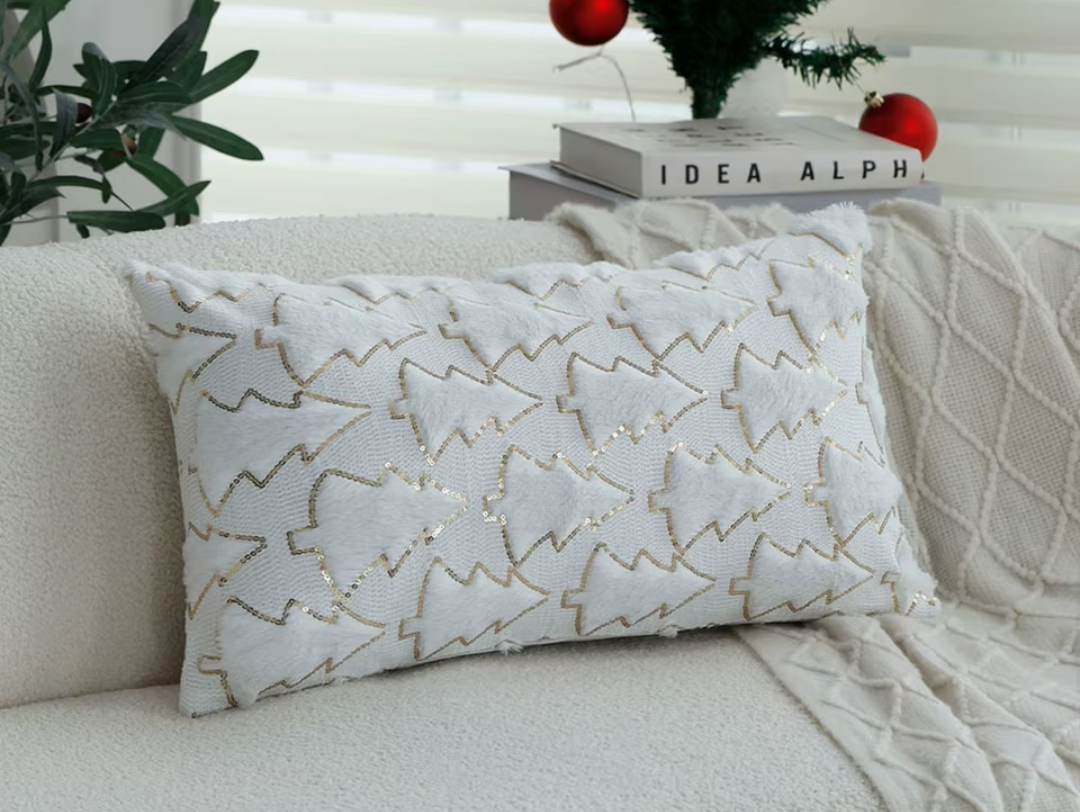 Rguct Christmas Pillow Covers 12x20 inch Set of 2,Christmas Pillows Tree White Faux Fur Throw Pillow Covers,Winter Holiday Farmhouse Cushion Case Decoration for Sofa Couch