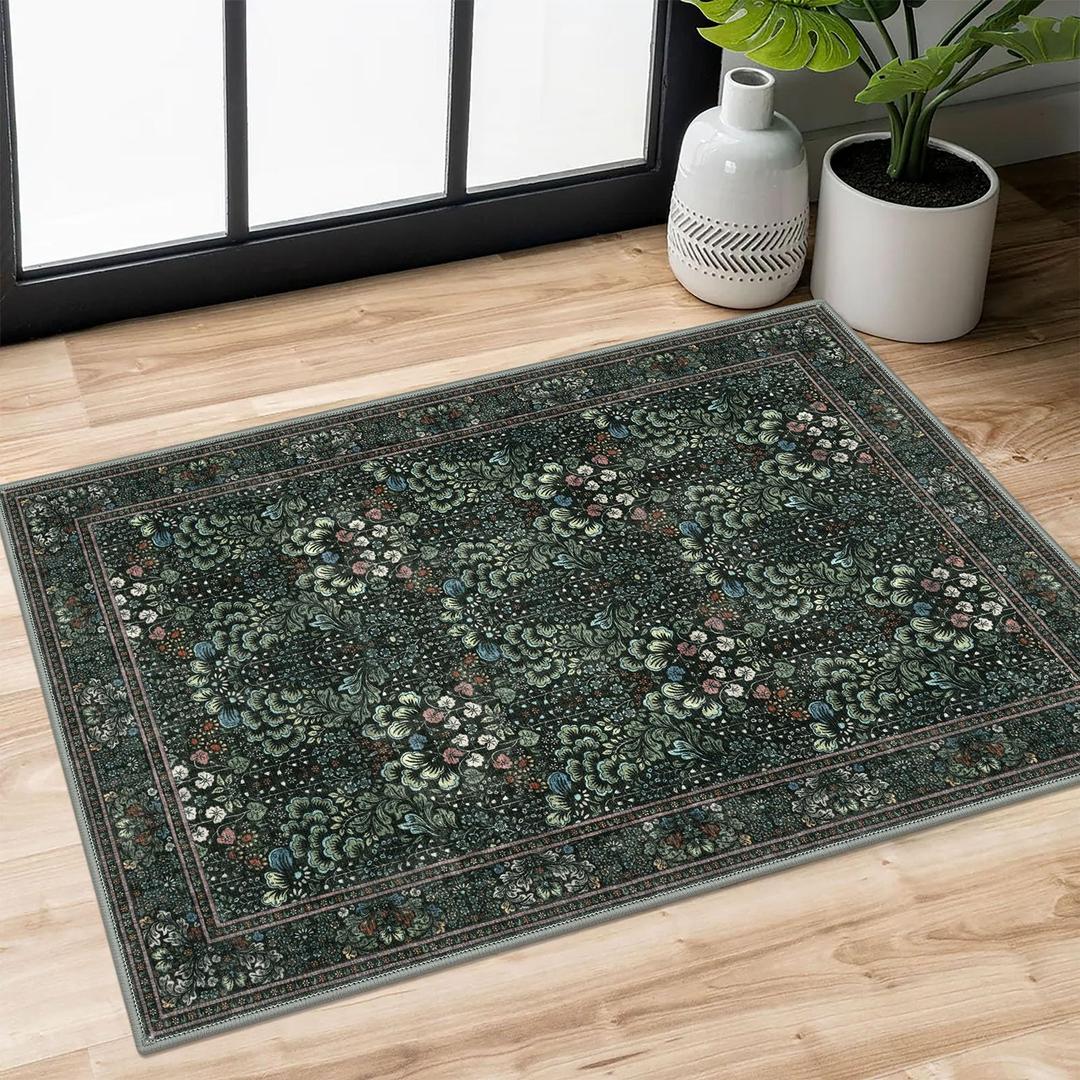 SIILOOM 8x10 Washable Area Rug, Non Slip Large Rug for Bedroom Living Room Dark Green(Modern) Soft Boho Vintage Floral Non Slip Entry Carpet for Entryway Kictchen Front Backdoor Bedside Bedroom
