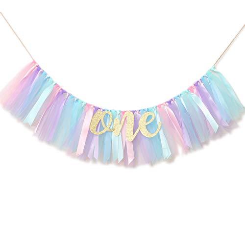 WAOUH Baby Girl Banner for 1st Birthday - Highchair Banner for First Birthday Decoration, Cake Smash Photo Prop, Tulle Garland Banner (light Aqua and Light Blue)