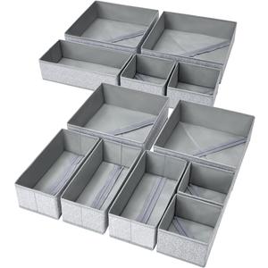 DIMJ Drawer Organizers - 12 Pack Foldable Closet & Sock Organizers, Fabric Dresser Drawer Dividers for Clothes, Underwear, Bras, Socks (Blended Gray)