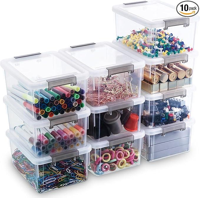 Citylife 1.3 QT 10 Pack Small Storage Bins Plastic Storage Container Stackable Box with Lids for Organizing, Clear White