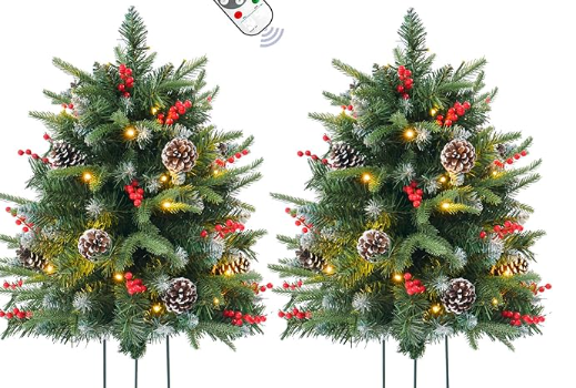 2 Pack Prelit Outdoor Christmas Tree 30 Inch, Remote Control Battery Operated with 100 Warm White Multi-Color Changing LED Lights, Small Pre-Decorated Green Xmas Tree for Pathway, Porch (Gold)