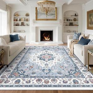 Area Rug for Living Room - Vintage Indoor Machine Washable Rug for Bedroom Dinning Room Floor - Soft Low-Pile Carpet Non-Slip Backing Floral Rugs Office (Blue White, 8' x 10')