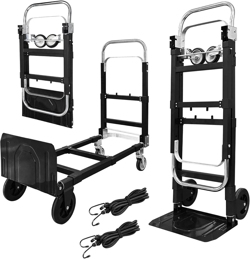 3-in-1 Aluminum Hand Truck Dolly, 600 lbs Heavy Duty Folding Trolley with Universal Wheels, Convertible Hand Truck with Tie Down Straps for Warehouse, Supermarket, Office (Black)