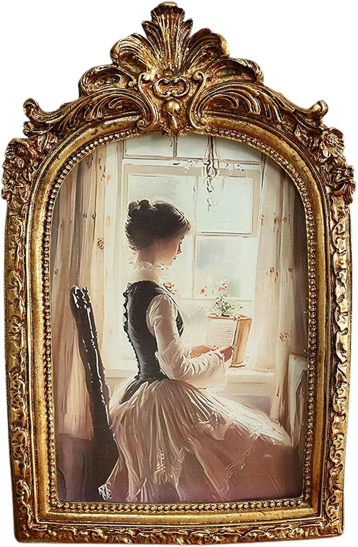 Antique 3.5X5.5 Picture Frame Vintage Designs with Resin and HD Glass, Table Top Display and Wall Hanging Home Decor (Golden Arch)