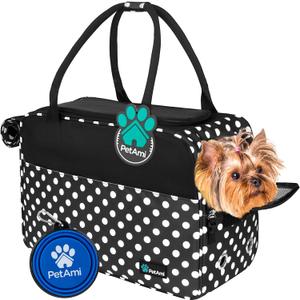 PetAmi Dog Purse Carrier for Small Dogs, Airline Approved Soft Sided Pet Carrier with Pockets, Ventilated Dog Carrying Bag for Puppy Cat, Dog Travel Supplies Bag, Sherpa Bed, Max 12 lbs, Polka Dot (One Size (Pack of 1), Polka Dot Black)