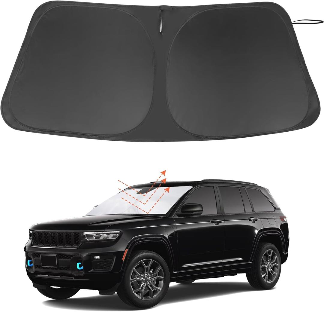 Windshield Sun Shade Custom Fit for 2022 2023 2024 2025 2026 Jeep Grand Cherokee 4XE Accessories Foldable Window Sunshade Protect Car from Sun Rays & Heat Damage Keeps Car Cooler