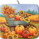 Thanksgiving Autumn Harvest Pumpkin Dish Drying Mat for Kitchen Counter,Sunflowers and Cart Drying Mat 16 x 18 Inch Microfiber Dish Drying Pad Ear of Rice Dish Rack Drainer Mat for Coffee Bar