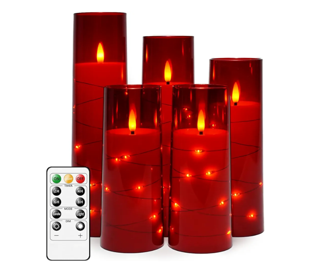 Flameless LED Candles with Timer 5 Pc Flickering Flameless Candles for Romantic Ambiance and Home Decoration Stable Acrylic Shell,with Embedded Star String，Battery Operated Candles（Red）