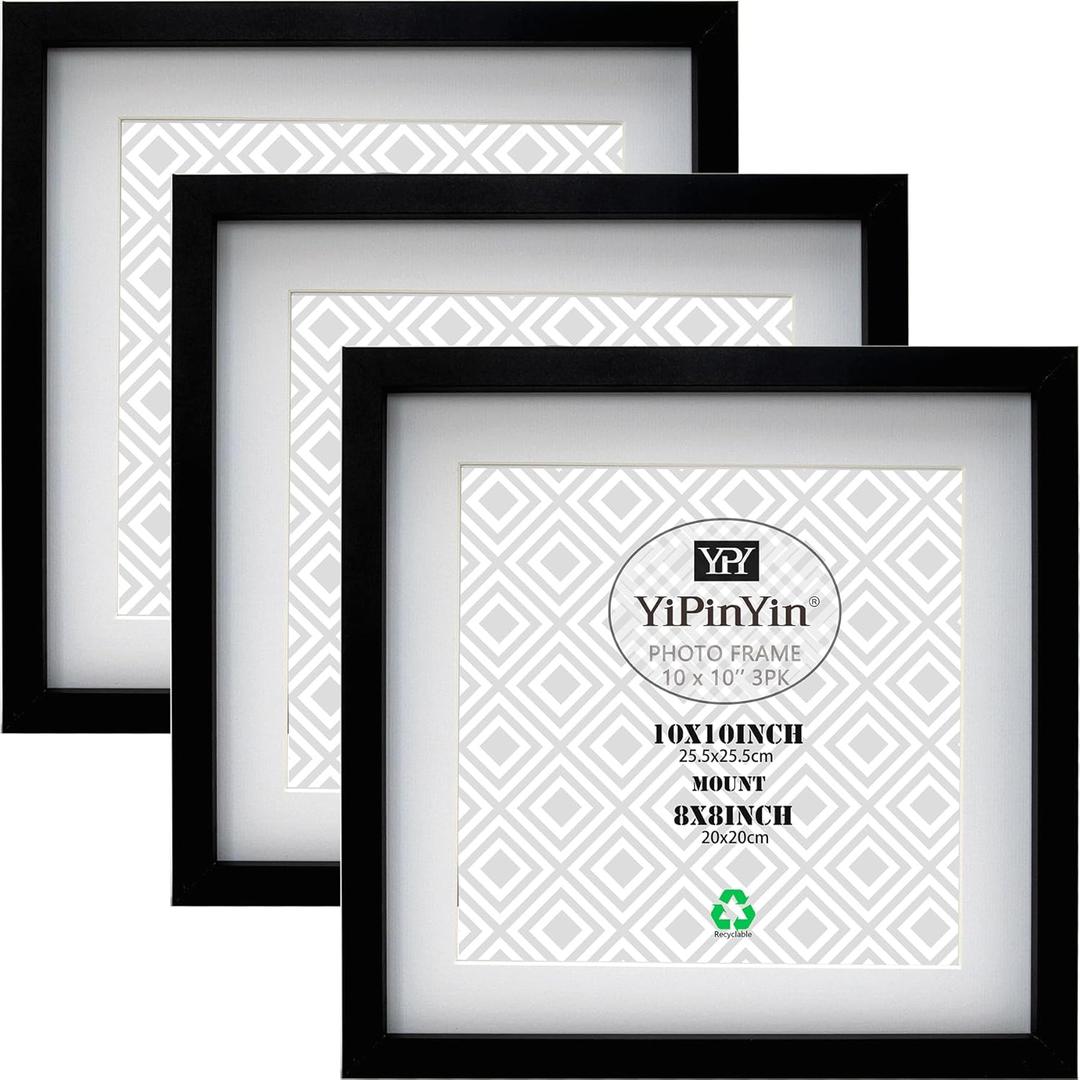 10x10Inch Square Black Photo Frame Set Of 3, 25.5 x25.5cm picture frame with mount for 8×8''/20x20cm Garllery Picture Frame, 8x8'' frame For Wallmounted & Desk Top