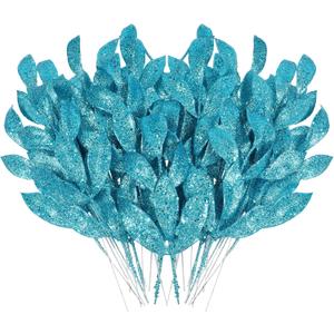 MWOOT 16 PCS Christmas Artificial Glitter Leaves, Blue Glitter Christmas Leaves Picks for Centerpieces, Xmas Tree Ornaments for Vase Garland Wreath Wedding Bouquet Table Home Garden Dcor