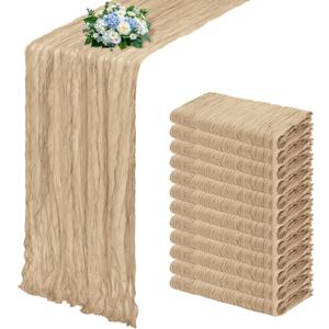 12 Pack Beige Cheesecloth Table Runner 17x108 Inch Semi Sheer Boho Gauze Cheese Cloth Fabric Table Runners, for Wedding Party Baby Shower Birthday Home Decor Garden Farmhouse