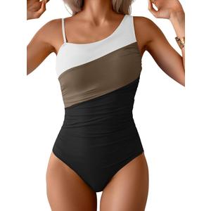 Aidonger One Shoulder One Piece Swimsuit for Women Color Block Bathing Suit, White Brown and Black, M
