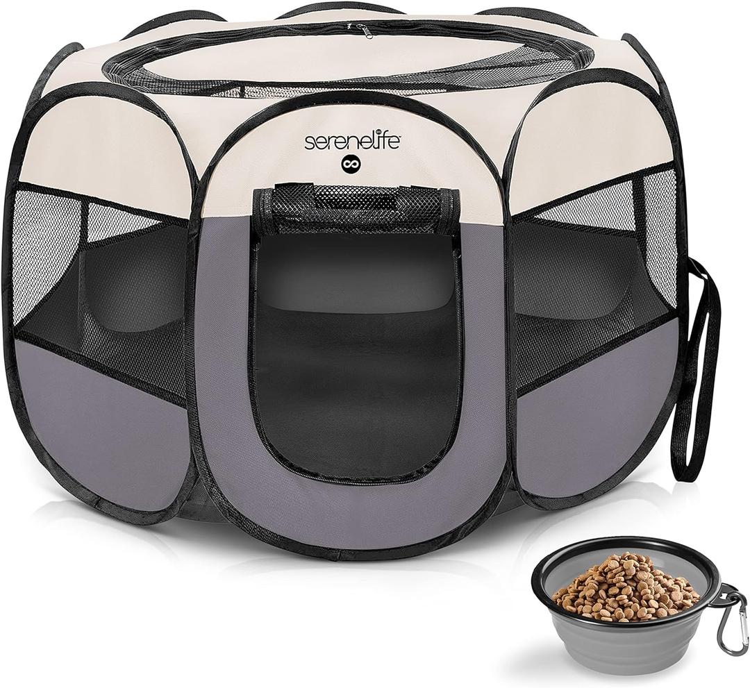 SereneLife ON-The-GO Foldable Portable Pet Tent 8-Panel Playpen for Dog & Cat w/Food/Water Bowl, Mesh Exercise Puppy Playground, Pet House Indoor & Outdoor, Travel & Camping Pet Kennel (Grey - Small)