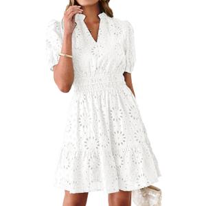BerryGo Womens Summer Eyelet Embroidery Lace Boho Mini Dress (White, L)