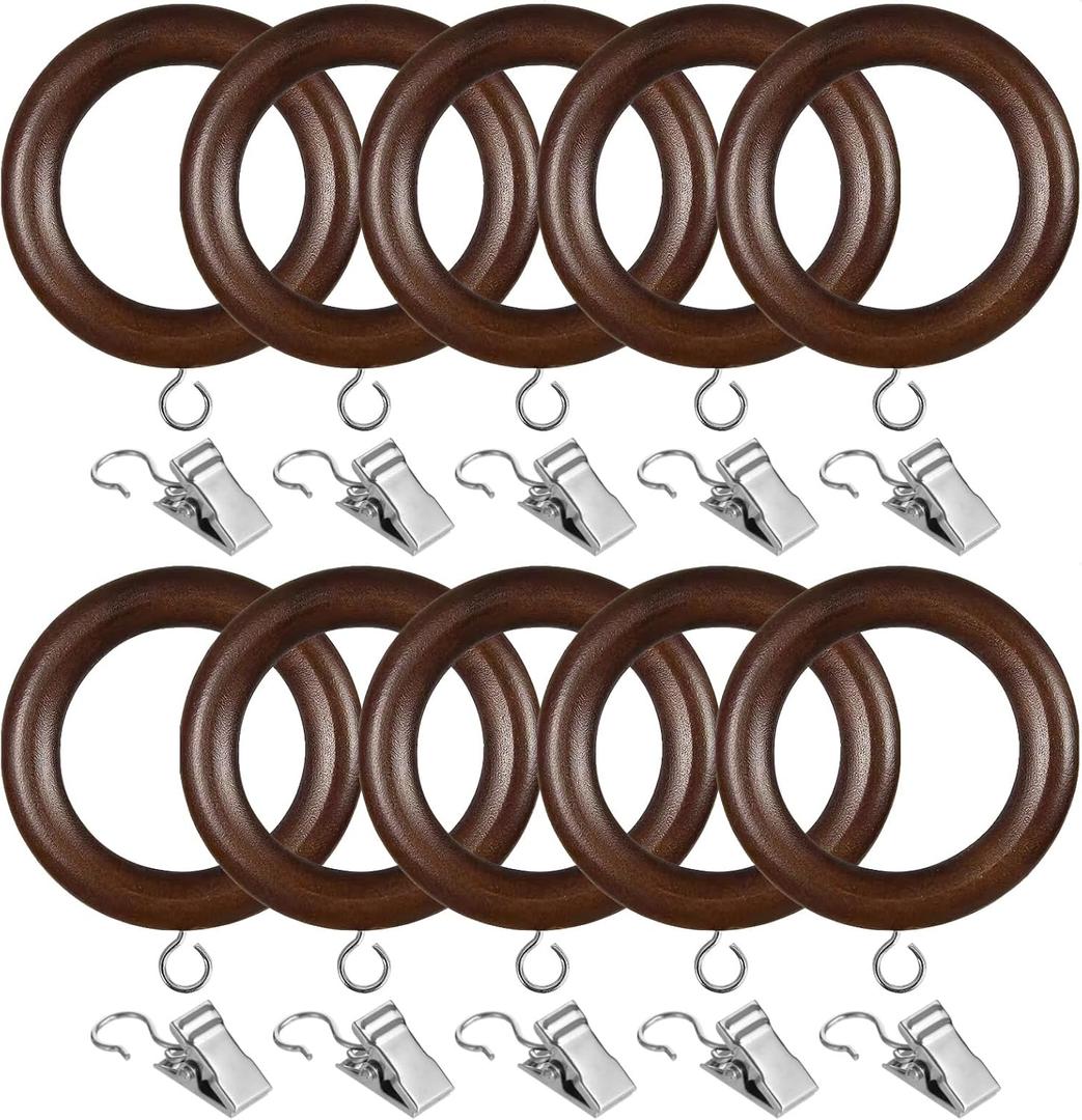 24 Pcs Wooden Curtain Rings, Curtain Rod Rings, Curtain Rings with Clips, Compatible with 1 Inch Rod, Brown Walnut, 1.7 Inch Inner