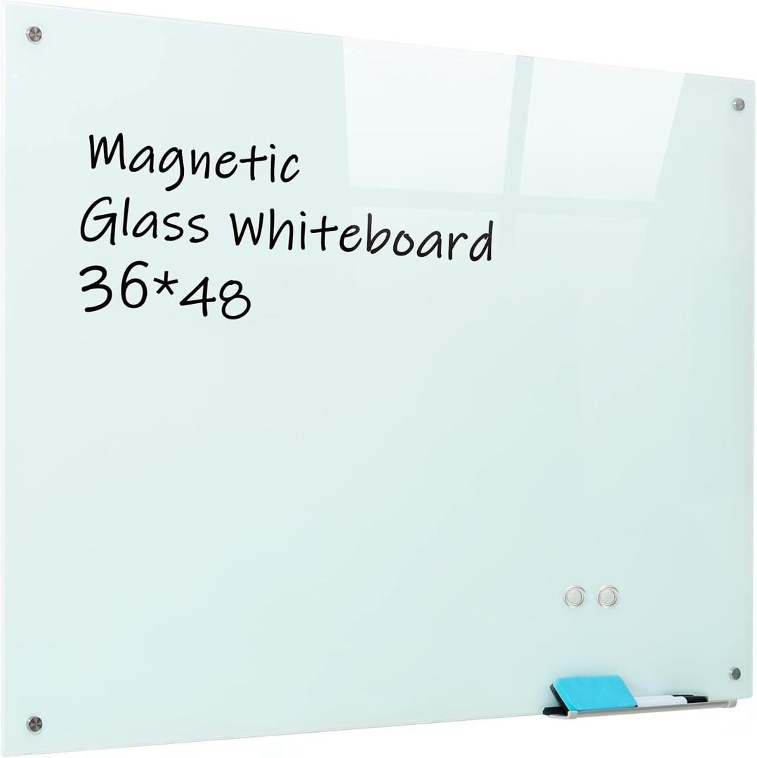 Magnetic Glass Whiteboard, 36"x48"(90x120cm) Frameless Dry Erase Board White Board Surface Wall Mounted for Office, Classroom & Home