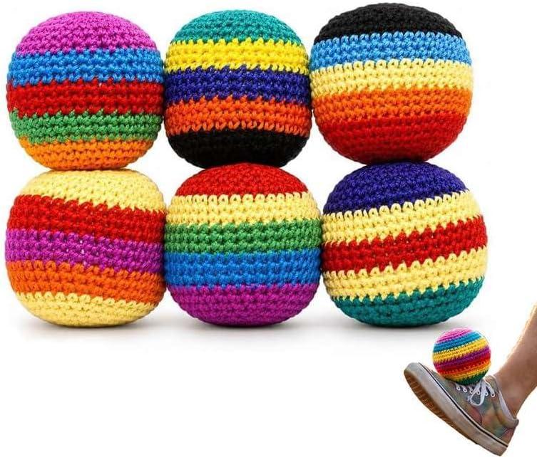 6PCS Handmade Knitted Hackys, Multicolor Geometric Crochet Footbags, Portable Soft Juggling Balls for Adults Beginners, Handwoven Toss Game Balls for Coordination Training and Party Games