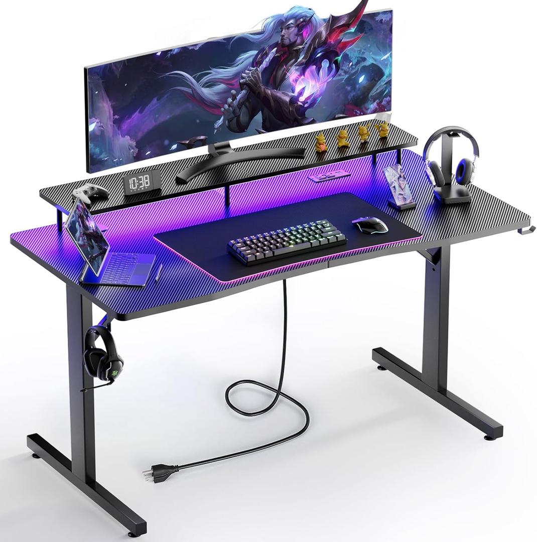 GTRACING 55 Inch Gaming Desk with LED Lights & Power Outlet, Computer Gamer Desk with Monitor Stand, Ergonomic Carbon Fiber Gaming Table Home Office Desk with Headphone Hook & Mouse Pad (Black)