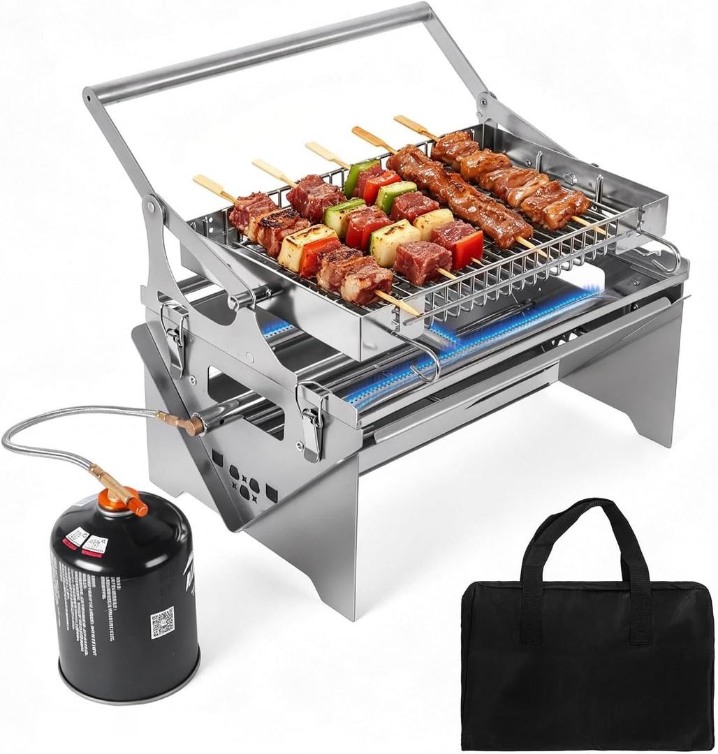 Portable Gas Grill, 360° Rotating Charcoal Grill, Stainless Steel Flipping Camping Barbecue Grill with Carry Bag, Detachable BBQ Grill & Fire Pit for Outdoor Cooking, Camping, Tailgating, Patio & Backyard
