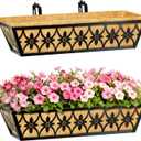 24 Inch Window Boxes Planters Railing Planter Box - 2 Pack Deck Railing Planter Boxes with Adjustable Brackets Coco Liners Balcony Planters Railing Hanging for Window Flower Boxes Outdoor Garden Decor