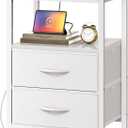Huuger Nightstand with Charging Station, Side Table with 2 Fabric Drawers, End Table with Open Shelf, Bedside Table with USB-C Port and Outlets, Night Stand, PU Leather, White