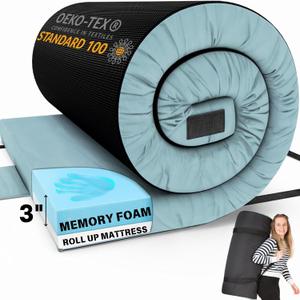 Matrix Comfort-Cell Memory Foam Camping Mattress Pad, Portable Foam Sleeping Pad for Camping, Roll up Sleeping Mat for Adults Floor Mattress Guest Floor Bed for Sleepover, Car, Tent SUV Cot Mattress,Twin 75’’ X 36’’ X 3’’- Blue