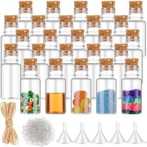 Bokon 25 Packs Mini Plastic Bottles with Corks Stoppers Eye Screws Funnels Small Potion Bottles Tiny Clear Sand Art Jar Wishing Vial for Birthday Party DIY Crafts Gift (1 x 2.28 Inch)