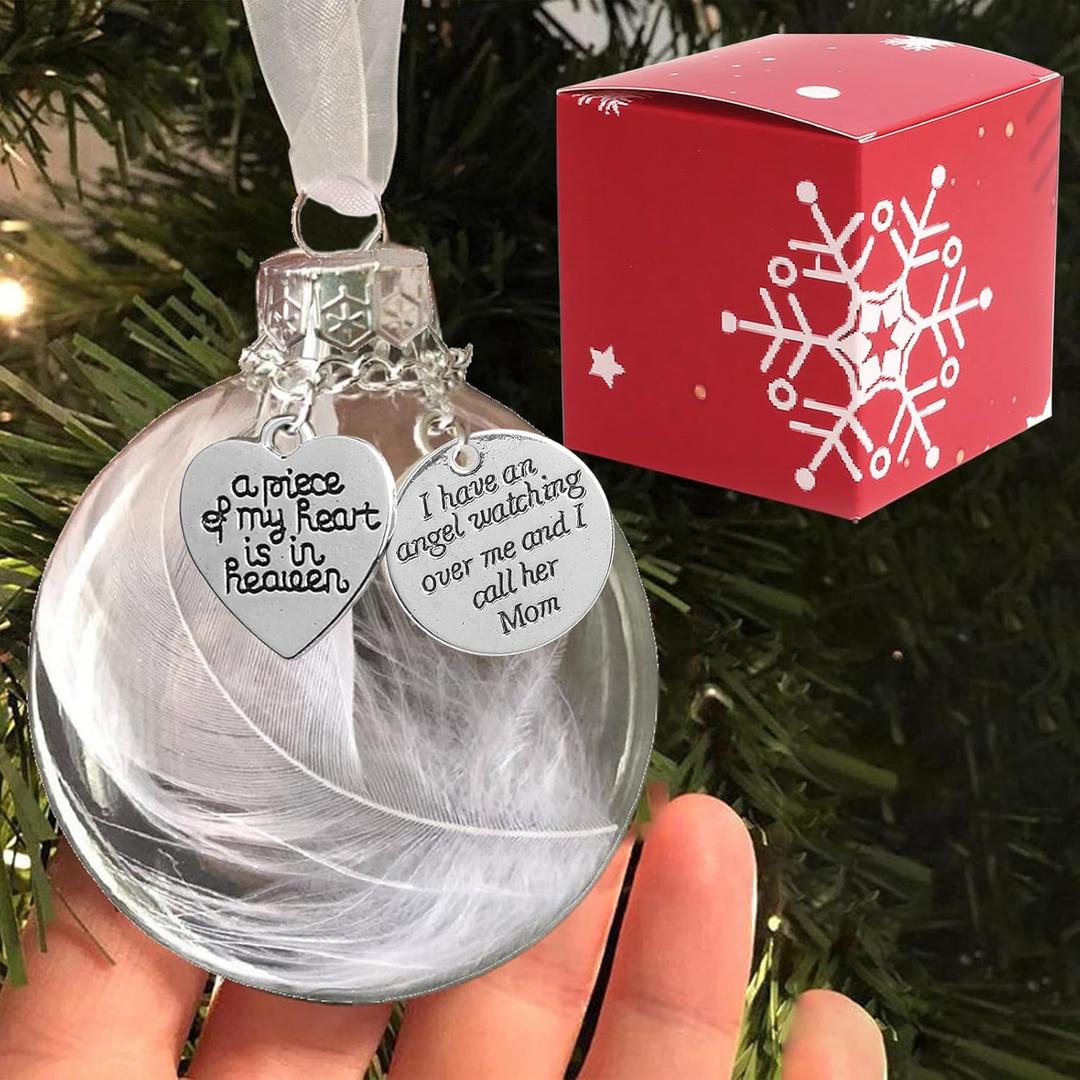2 x Clear Christmas Memorial Ornament Feather Ball, A Piece of My Heart is in Heaven Loss of Loved One Mother Christmas Tree Hanging Sympathy Gift with Silk Ribbon & Red Gift Box (Mom)