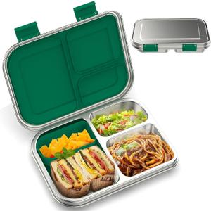 BOSEDSANG Stainless Steel Kids Leak-Resistant Bento Lunch Box, 3-Compartments with Silicone Container, Dishwasher-Safe, Child-Friendly Design for School, Picnics & Travel, BPA-Free (Green)