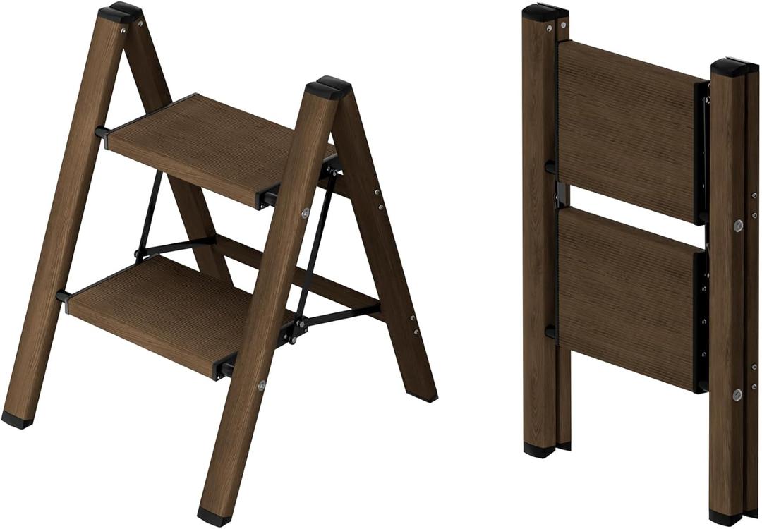 Taranta 2 Step Ladder,Aluminum Lightweight Folding 2 Step Stool with Anti-Slip Wide Pedal,330lbs Capacity Step Ladder for Household, Kitchen,Office - Walnut (2 Step, Walnut)