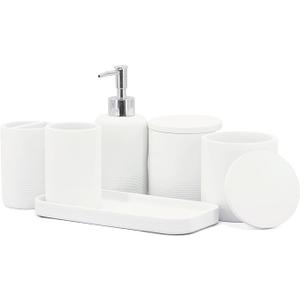 ZCCZ - Bathroom Accessories Set 6 Pcs - White Marble Design Toothbrush Holder, Lotion Soap Dispenser, 2 Qtip Holder Dispenser, Vanity Tray, Bathroom Tumbler - Decorative Countertop Vanity Organizer