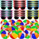 61 Pcs Kids Summer Beach Party Favors Sets- Includes 30 Inflatable Beach Balls Bulk, 30 Neon Sunglasses Bulk, Rainbow Colored Beach Ball Summer Pool Party Toys for Water Games Hawaiian Party