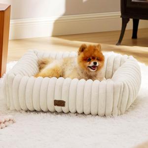 Bedsure Cute Dog Bed for Small Medium Dogs - Washable Furry Puppy Beds, Rectangle Orthopedic Corduroy Fleece Pet Beds with Removable Zipper Cover, 25x21x7inches, Cream (25.0"L x 21.0"W x 7.0"Th, Cream)