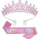 Birthday Tiara and Crown with Sash for Women, Hair Accessories for Wedding Party Costume (B - Pink)