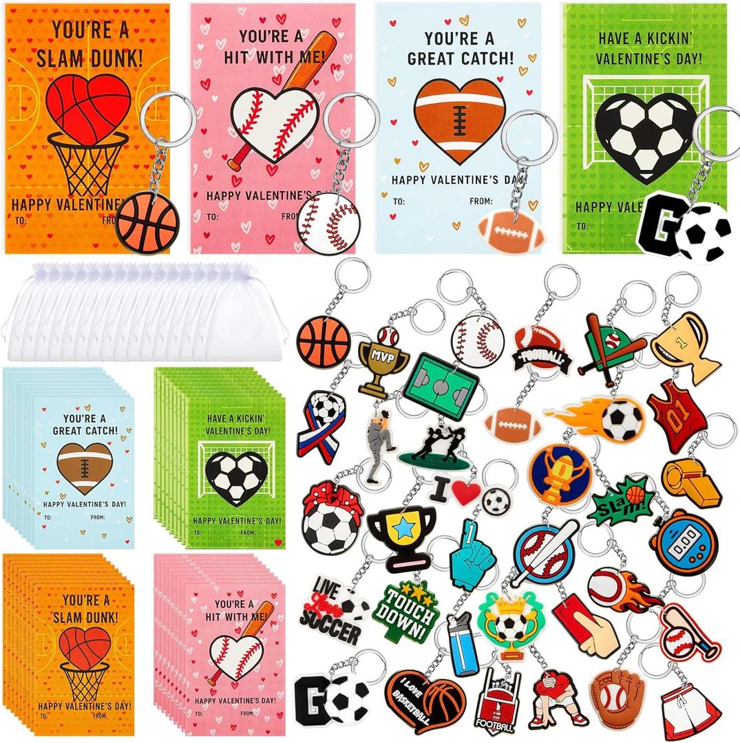 Batiyeer 36 Pack Valentines Day Gifts, Sports Valentines Keychains Bulk with Cards Soccer Football Basketball Keychain Exchange Gifts Sports Ball Key Chains Party Favors for Goodie Bag Prize Stuffers