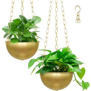 Sinolodo Hanging Pots for Plants Indoor, Gold 6.3'' Hanging Planters with Drainage and Metal Chain, Boho Indoor Plant Hanger for Home, Office, Balcony, Patio, Windor(Pack of 2, Brass)