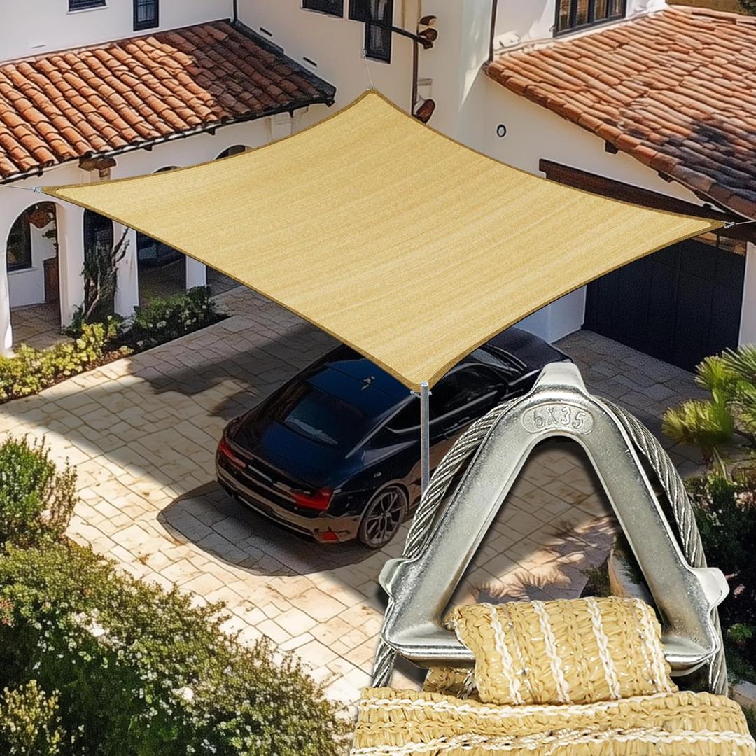 Amgo Heavy Duty 18' x 20' Beige Sun Shade Rectangle Pro Ring Shade Sail, 260 GSM Commercial Grade UPF50 Sunshade, Reinforced Corners & Edges 
