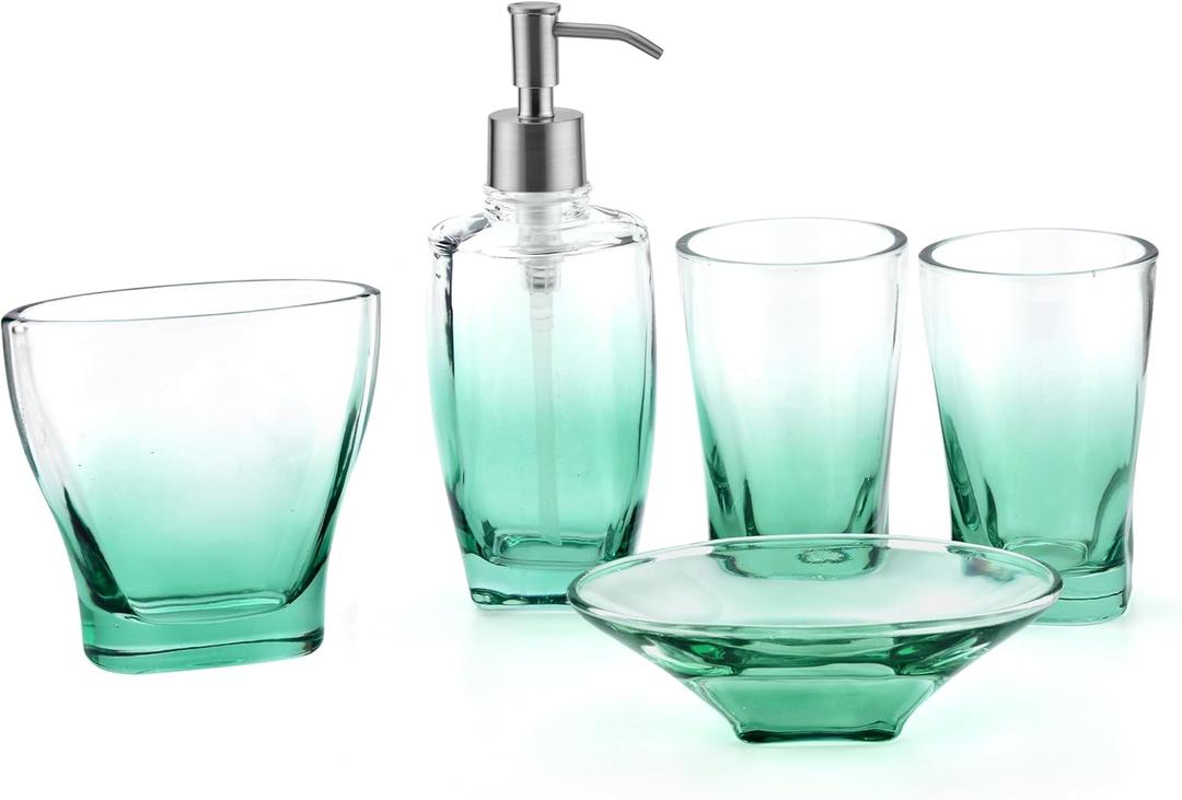 Bathroom Accessory Set Green Teal, Lead-Free Glass 5-Piece Bath Ensemble Gift Includes Soap Dispenser,Toothbrush Holder, Tumbler, Soap Dish for Home, Office, Superior Hotel