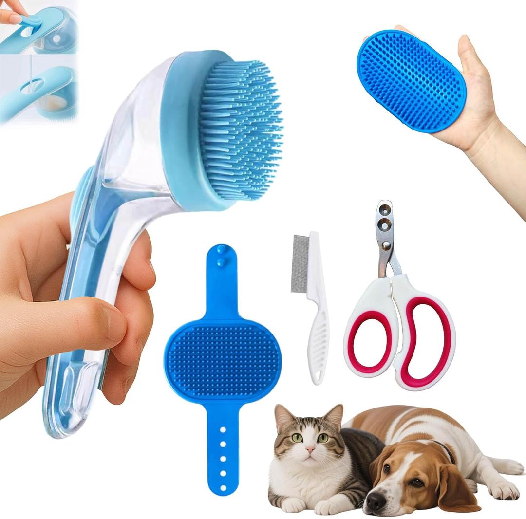 2 x 4 in 1 Dog Cat Pet Bath Brush Kits with Comb, Pets Hair Removal Clipper Massage Tool, Pets Bath Brush Shampoo Scrubber Kits, Grooming Massage for Long and Short Hair, Pet Bath Supplies.