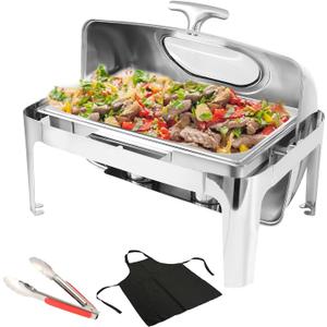 Roll Top Chafing Dish Buffet Set w/Visible Window, 9QT Stainless Steel Chafers and Buffet Warmer for Catering, with Full Size Food & Water Pan, Fold Frame, Fuel Holder for Event Party Holiday