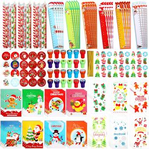 Yexiya 216 Pcs Christmas Stationery Party Favors Goodie Bag Stuffers Bulk Include Pencil Eraser Ruler Stamp Mini Notebook Treat Bag Sticker Gift Exchange Prizes Carnival Event