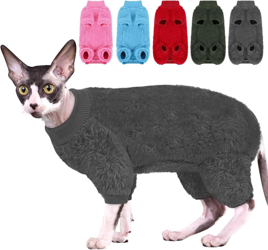 Sphynx Hairless Cat Sweater, Full Body Warm Fleece Sweaters with Sleeves for Cats, Soft Turtleneck Cat Clothes, Cozy Pullover Pajamas for Hairless Cats Devon, Donskoy & Small Dogs, Grey M