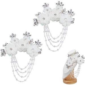 2pcs Sewing Crystal Applique Patch 3D Flower Rhinestone Applique White Crystal Fringe Shoulder Epaulette Flower Appliques for Wedding Dress Clothes Decorative Accessories