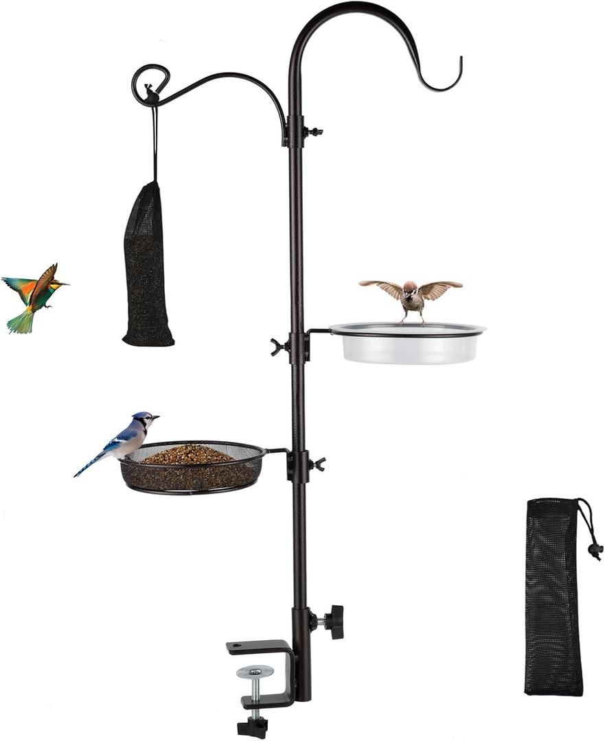 Deck Bird Feeding Station | Premium Multi Feeder Hanging Kit with Bird Bath & Sock Feeder | Attracts Wild Birds, Planter Hanger Hook for Outdoor Deck, Patio, Garden (32.2 Inch Deck Pole)