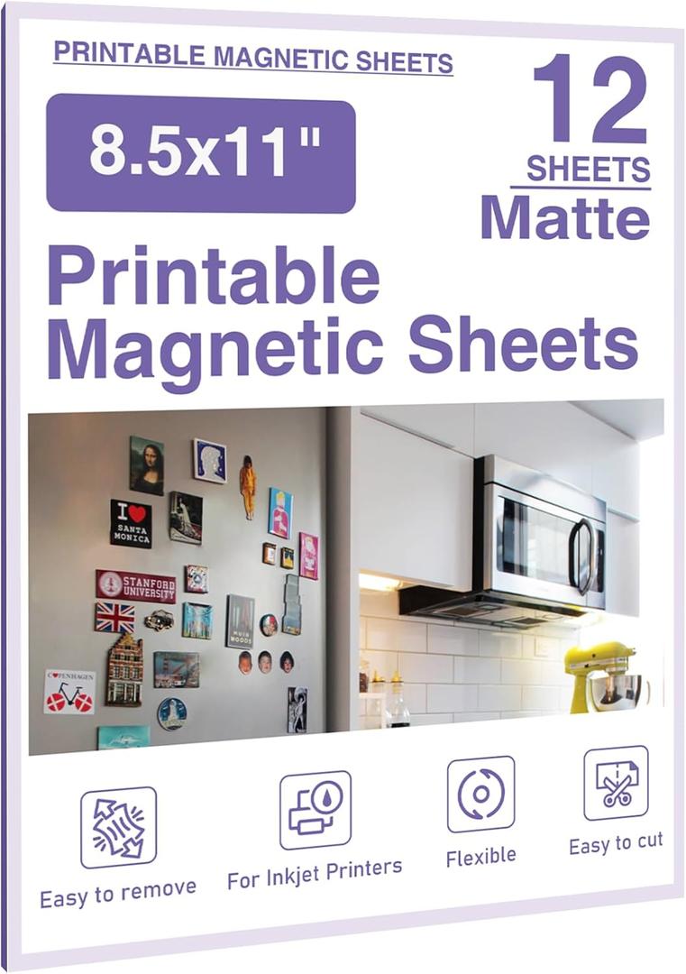 Printable Magnetic Sheets 8.5x11 Inches Matte Magnet Paper Sheet 12 Pcs Non Adhesive Magnetic Paper for Inkjet Printers, Flexible Magnet Photos for DIY Crafts