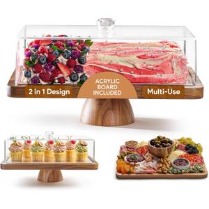Acacia Wood Cake Stand with Lid - Rectangular Cake Holder, 2-in-1 Dessert Table Display Set & Charcuterie Board for Cheese, Chips, Fruit Platter, Large Acrylic Cake Dome Cover, No Glass