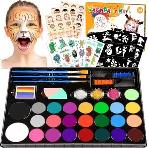 Face Painting Kit for Kids, 24 Colors Water Based Non-Toxic Face Paint with Stencils & Brushes, Professional Body Makeup Set with Guide Book, Washable Face & Body Paint for Halloween Birthday Parties