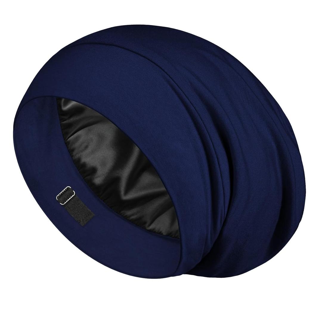 LULUSILK Mulberry Silk Lined Sleep Cap, No More Frizzy Tangled Hair, Stay On All Night Adjustable Silk Hair Wrap for Sleeping, Navy Blue