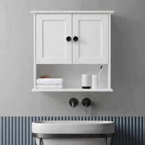 Bathroom Wall Cabinet Wooden Medicine Cabinet Buffering Hinge MDF Material Storage Organizer 23"x22" and Adjustable Shelves Cupboard Storage Cabinet with Handles (23x22 Black Handle+Open Space, White)